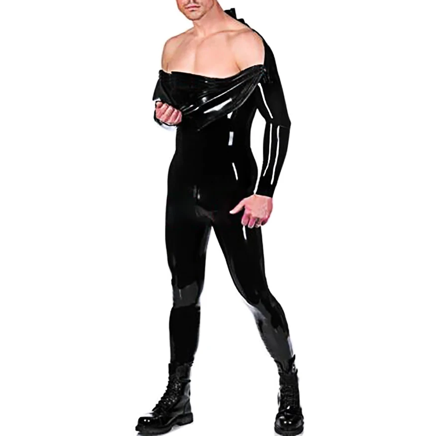 Shoulder Zip Latex Suit Men Catsuit Black Rubber Bodysuit Handmade Customes S-LCM050