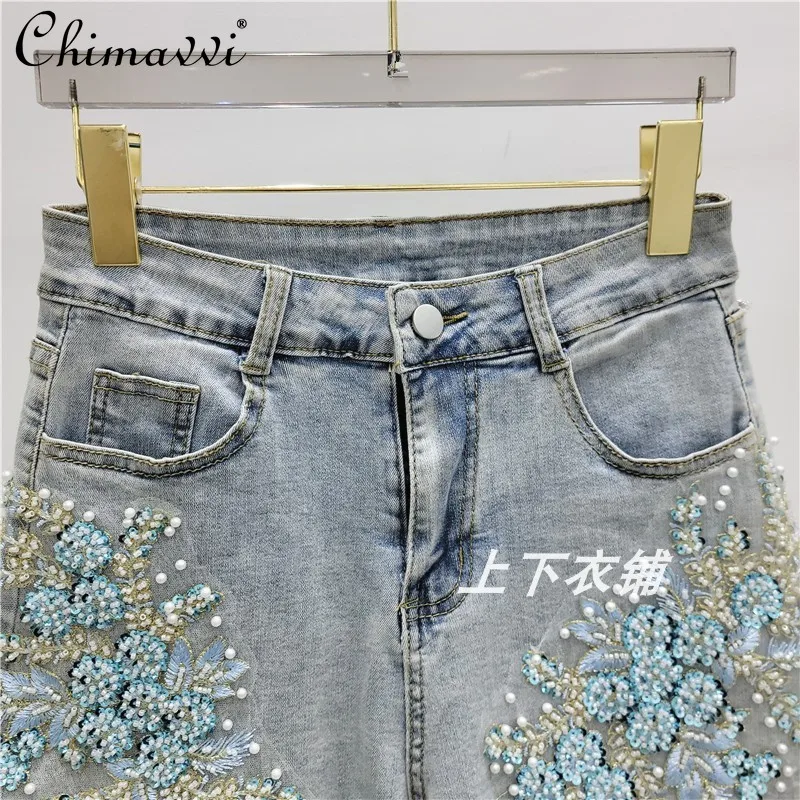 2024 Summer New Heavy Beads Diamond Denim Shorts Women's Fashion High Waist Slimming All-Match A- Line Stretch Hot Pants