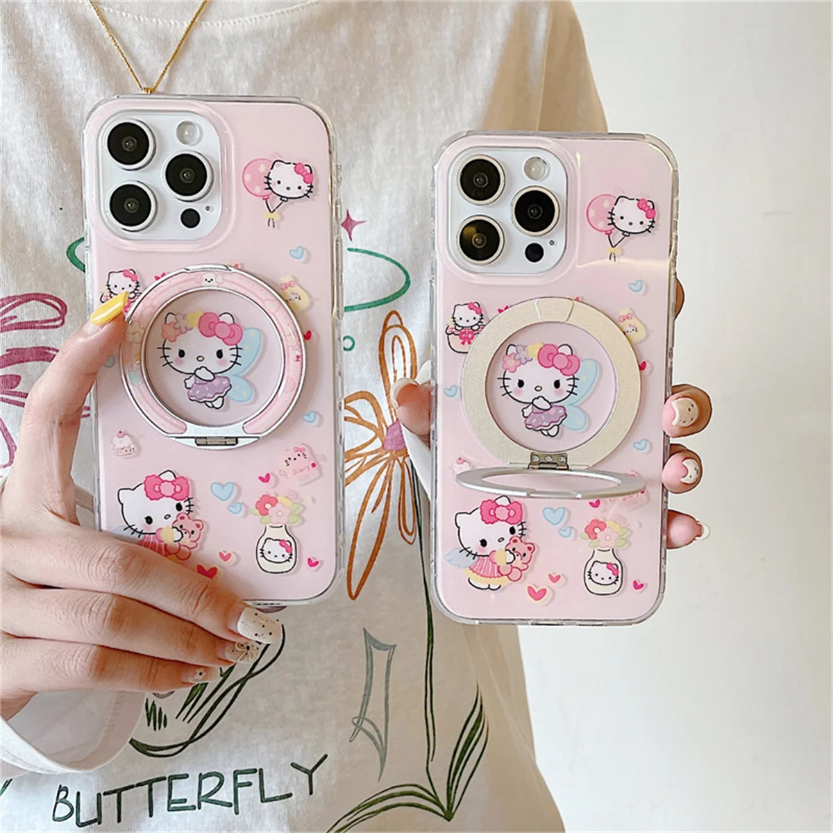 

Kawaii Cartoon Hellokitty Ring Stand Phone Case For iPhone 16 Pro 15 14 Pro Max 17 Protective Cover For Magsafe Cases
