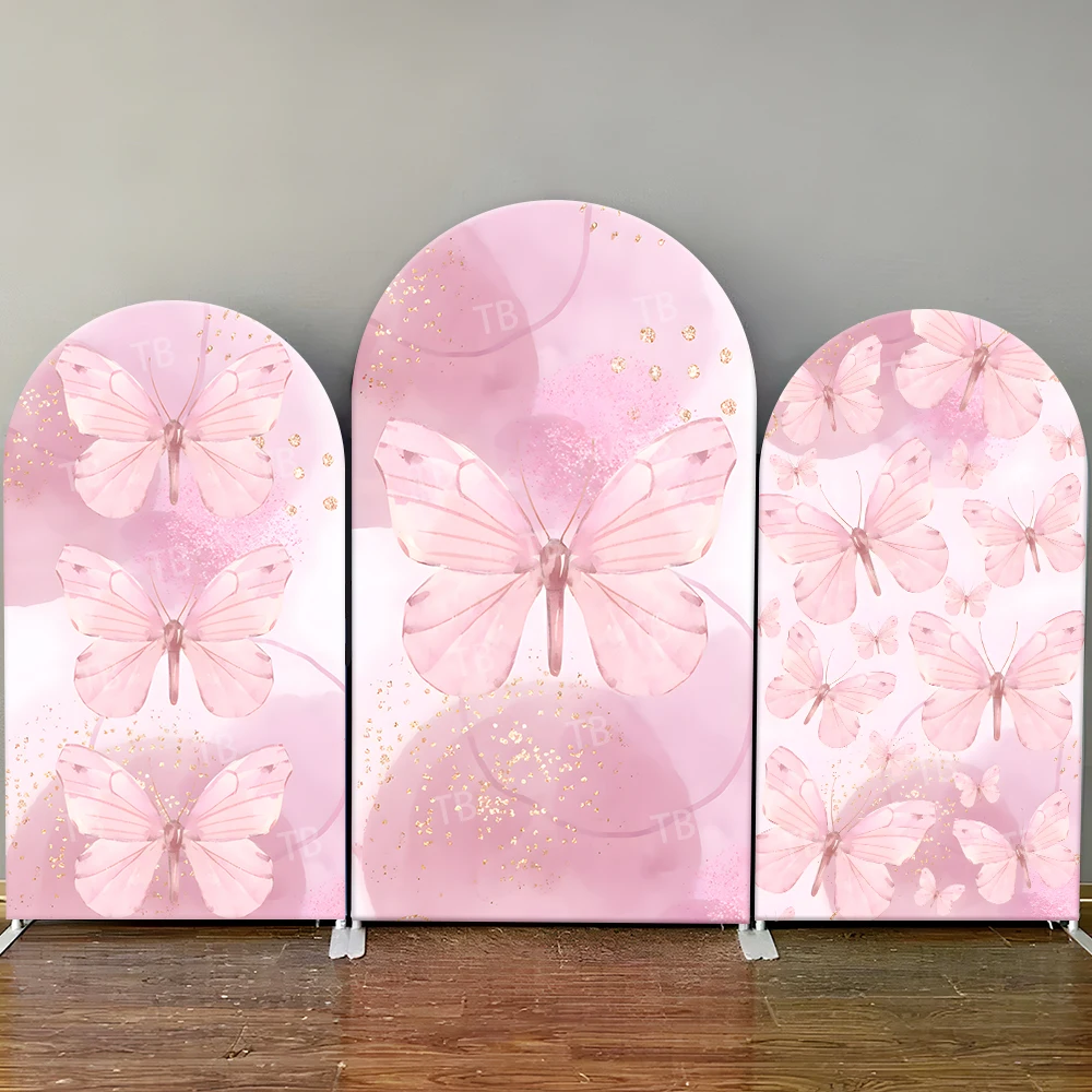 

Pink Butterfly Arch Backdrop Cover Watercolor Style with Gold Glitter for Girls Birthday Baby Shower Party Elegant Photo Booth