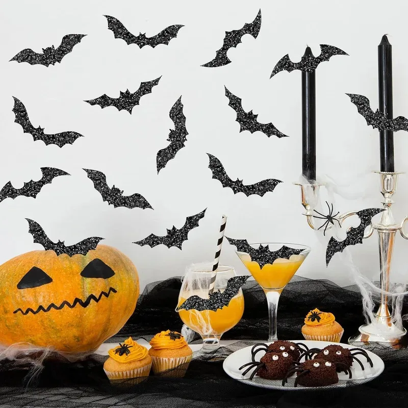 Halloween Bat Sticker Roll, 500 Pieces, Black Laser Bats, Waterproof, Glittery Self-Adhesive Stickers for Halloween Party Decor