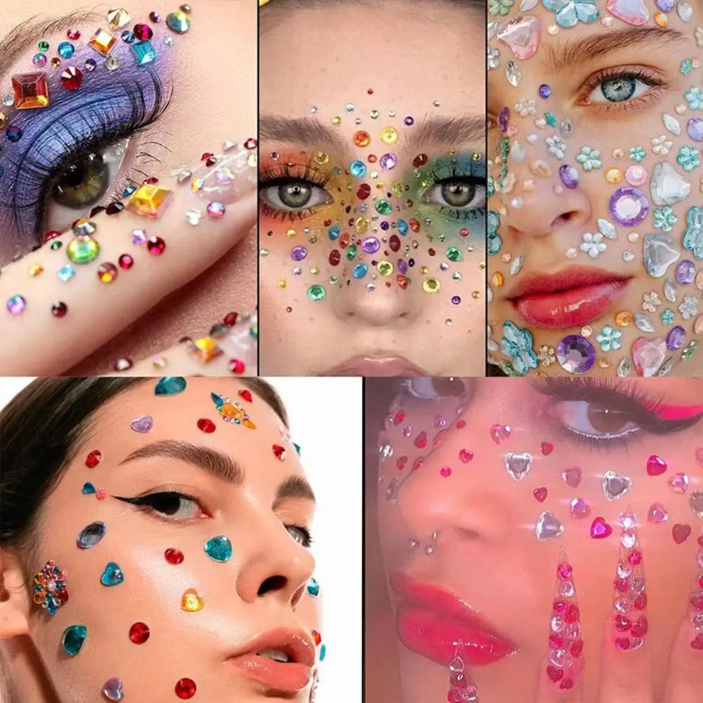 900Pcs Self-Adhesive Makeup Rhinestone Stickers Round Shiny Face Glitter Gem Stickers Temporary Mixed Size