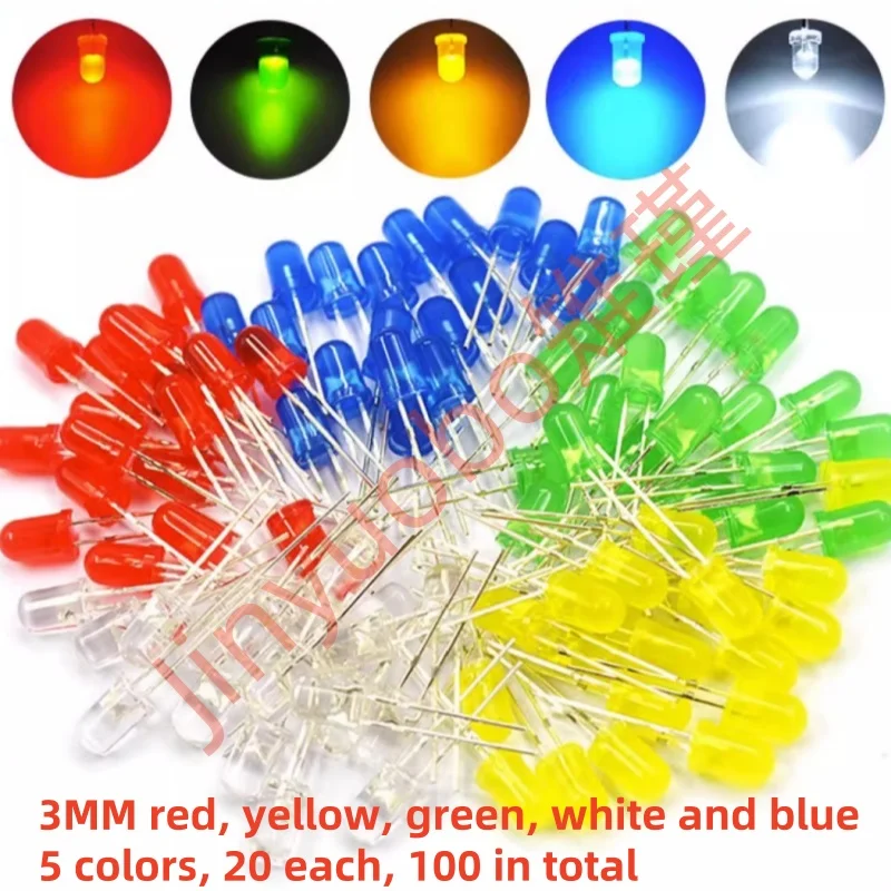 100 peças led diodo emissor de luz cor 3mm/5mm kit de diodo luminoso diodo luminoso kit sortido para manutenção elétrica diy