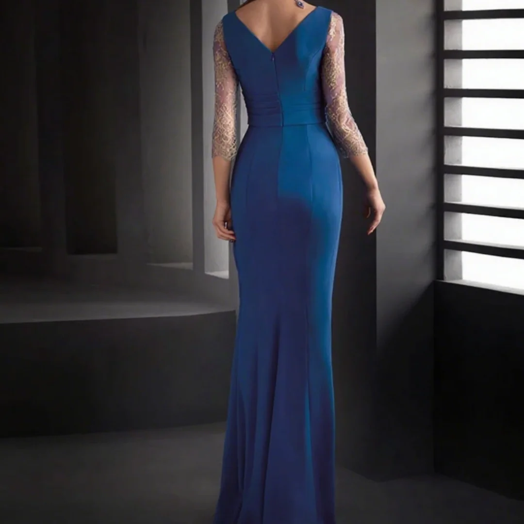 فستان كلاسيكي جديد أنيق حورية البحر أم العروس أزرق على شكل حرف v لحفلات الزفاف بأكمام دانتيل مكشكشة للحفلات المسائية حسب الطلب