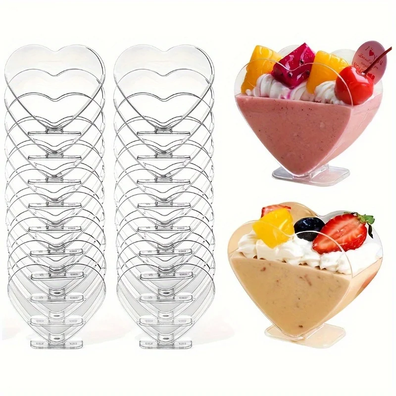 20pcs Mini Jelly Cups Disposable Heart-Shaped Clear Plastic Mini Dessert Cups - Perfect for Cakes, Ice Cream, Tasting, Party