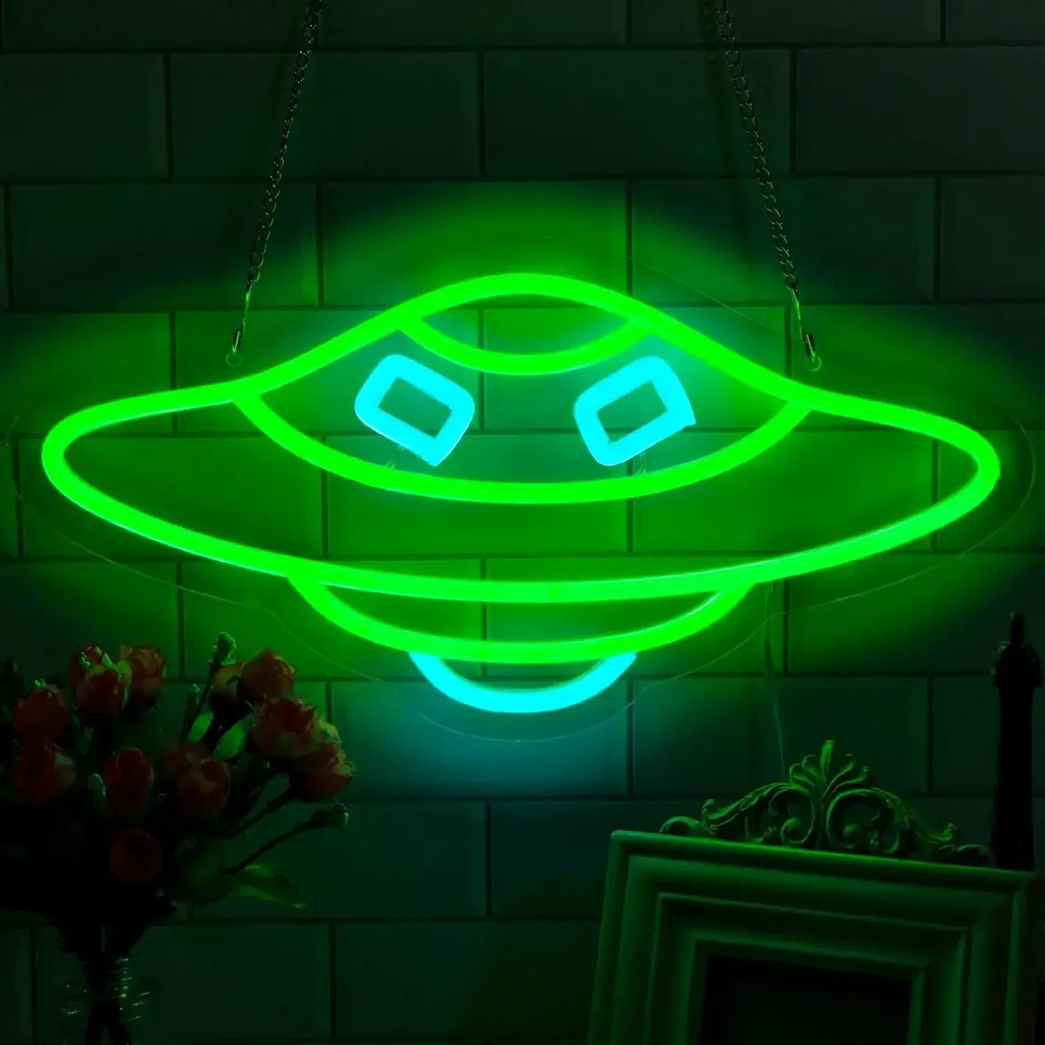 Smiley Face Neon Sign Green Blue LED Wall Art Hanging Glow USB Powered Dimmable Acrylic Lamp Living Room Party Decor