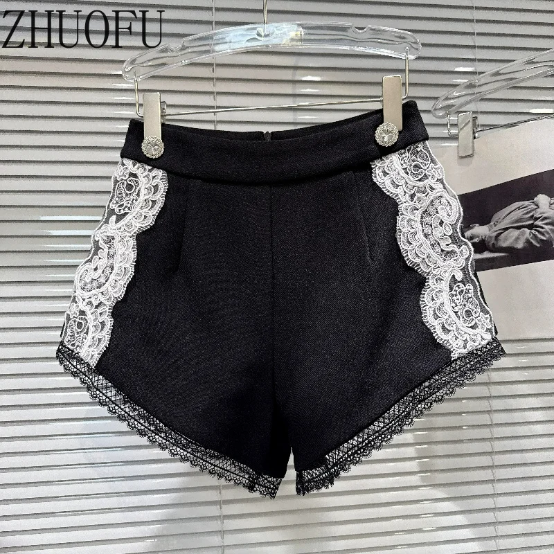 Women High Waist Lace Splicing Shorts Rhinestone Button Decor Elegant A Line Slimming Solid Color Short Pants Party 2026 New