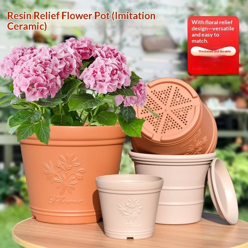 Thick Resin 3D Relief Ceramic-Like Flower Pots Durable Anti-Fall Plastic Plant Pots for Home Decor