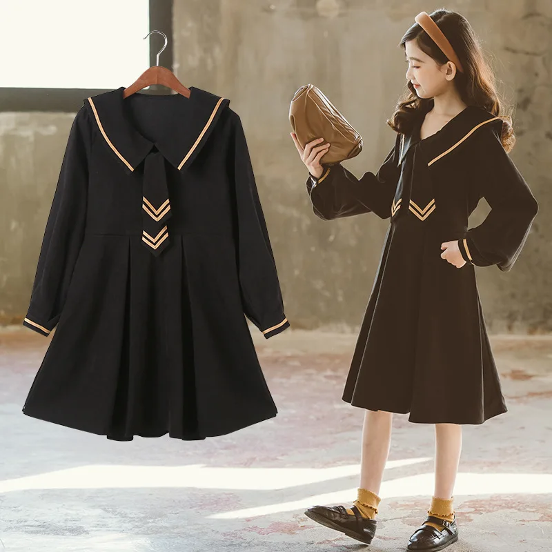 2026 spring autumn retro Girls long academic princess Dress Cotton corduroy Sailor Collar Teens JK Clothes Toddler 8 10 12 year