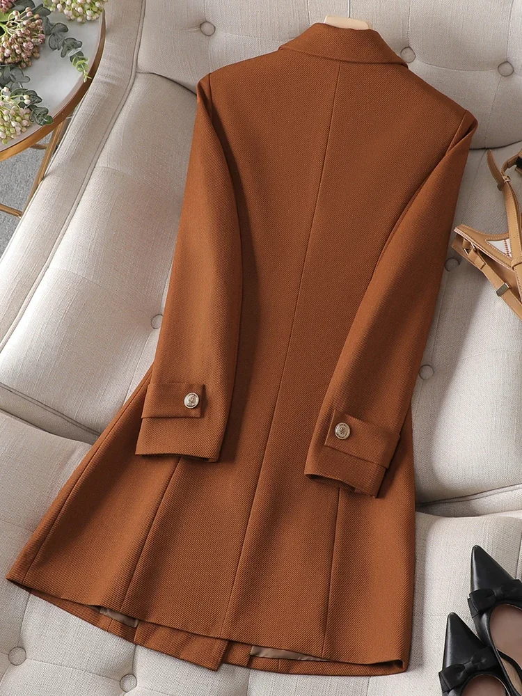 Autumn Winter Long Formal Blazer Jacket Women Khaki Brown Black Office Ladies Female Business Work Wear Coat REF-2023