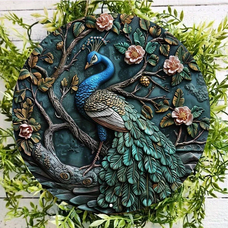 Aluminum Metal Peacock Wall Sign, Round Waterproof, HD Printed Door Hanger, Wreath Decor, Pre-drilled Holes, Forest Design