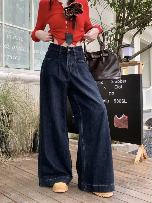 

Широкие джинсы в стиле ретро, женские свободные повседневные утягивающие модные джинсы с высокой талией, осень 2021, новинка Sle ket Detail