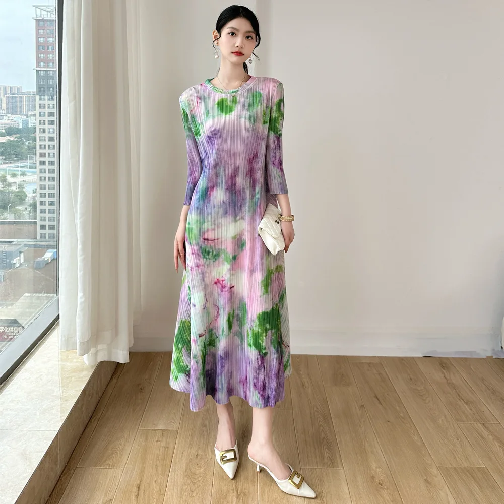 Miyake – robe plissée à col rond pour femmes, imprimé, grande taille, couverture de viande, vieillissement, nouvelle collection printemps 2025