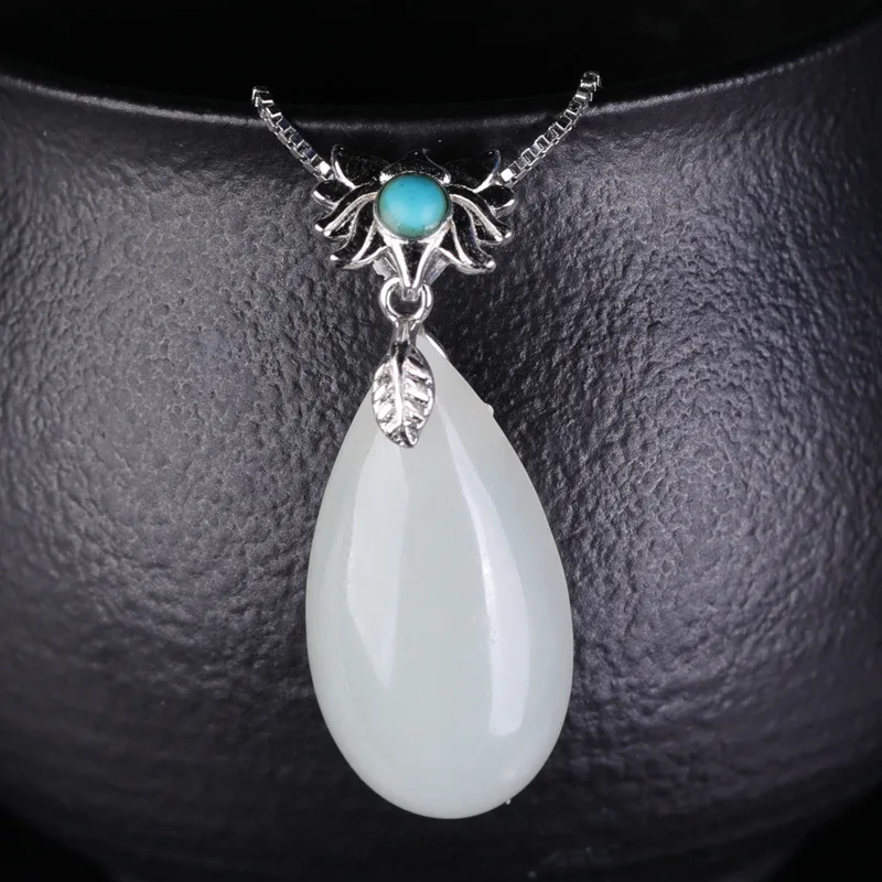 

925 Silver Inlaid with Green Turquoise Water Drop Hetian Jade Pendant Vintage Style Natural Jade Necklace Pendant for Women