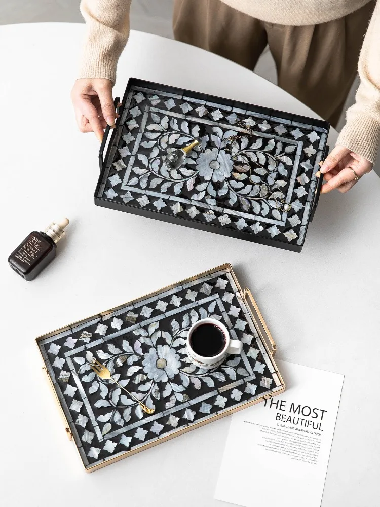 European-style Shell Storage Tray Black Metal Storage Rack Rectangular Desktop Food Tea Cup Jewelry Cosmetics Storage Tray Gifts