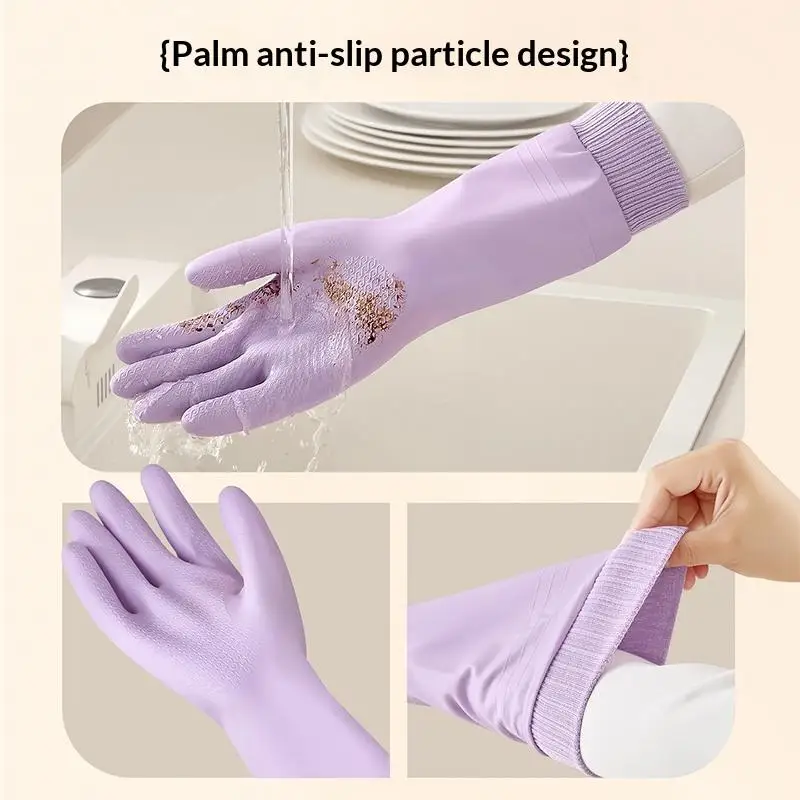 1 Pair Waterproof Dishwashing Gloves Tear-resistant Warm Fleece Cleaning Gloves Thickened Threaded Sleeve Cuff Laundry Gloves