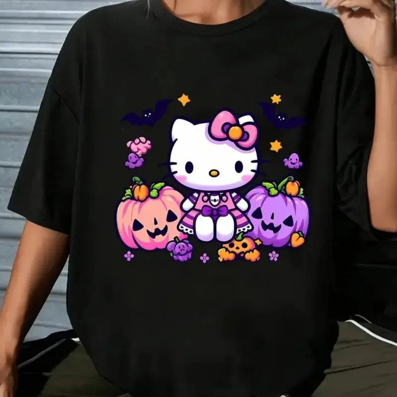 디즈니 여성용 헬로 키티 할로윈 패턴 여성용 순면 티셔츠 남성용 및 여성용 새로운 캐주얼 패션 스트리트웨어