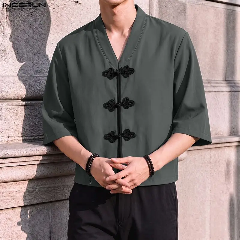 INCERUN Men's Shirt Patchwork V Neck 3/4 Sleeve Casual Vintage Button Men Clothes Streetwear Loose Leisure Tops For Man Shirts