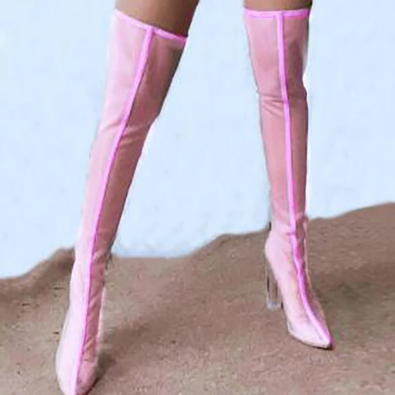 New Mesh Neon Green Sandal Boots Women Sexy Over The Knee Boots Pointed Toe High Heels Party Shoes Woman Thigh High Boots