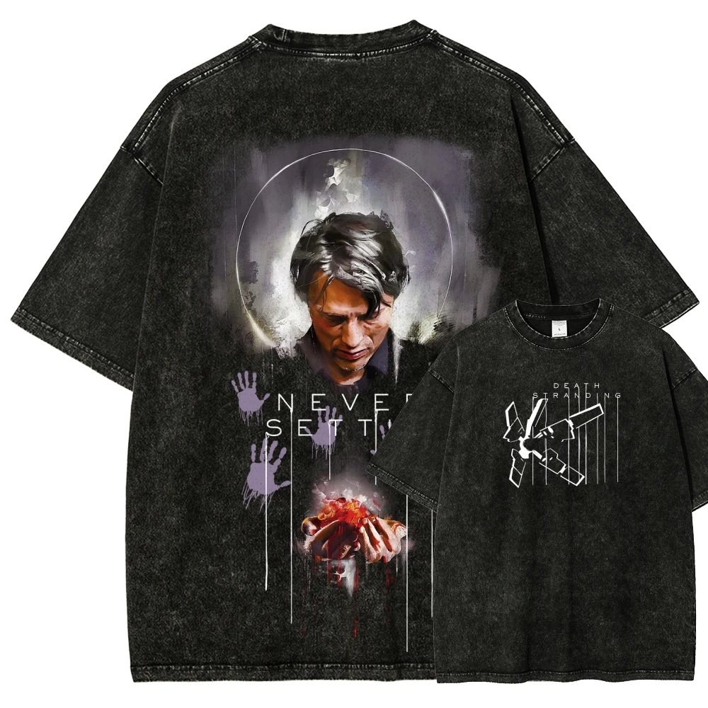 Camiseta lavada para amantes del anime Death Stranding, ropa para todo el año, ropa con personalidad, talla grande, unisex, nuevo modelo, clásico para parejas