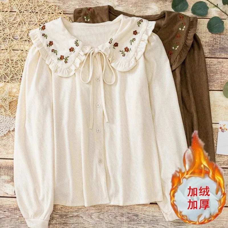 Chemise brodée à col de poupée pour femmes, haut à manches longues en velours côtelé à volants et lacets, nouvelle collection automne et hiver