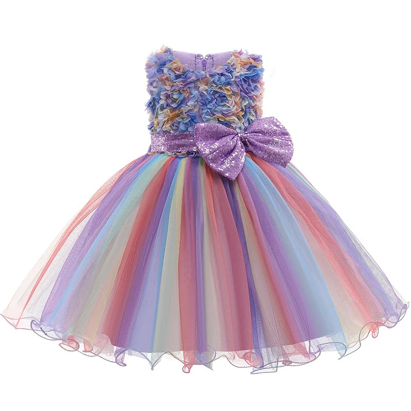 

Flower Girls Sequin Bow Mesh Tulle Rainbow Dress Kids Princess Ball Gown For Infant Baby Wedding Birthday Party Prom Dress Gown
