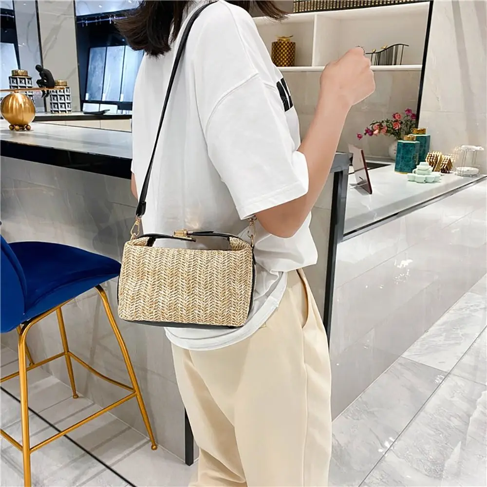 With Hardware Lock Crossbody Bag Trendy Large Capacity Simple Straw Handbag Soft Handle Beach Bag Women Girl