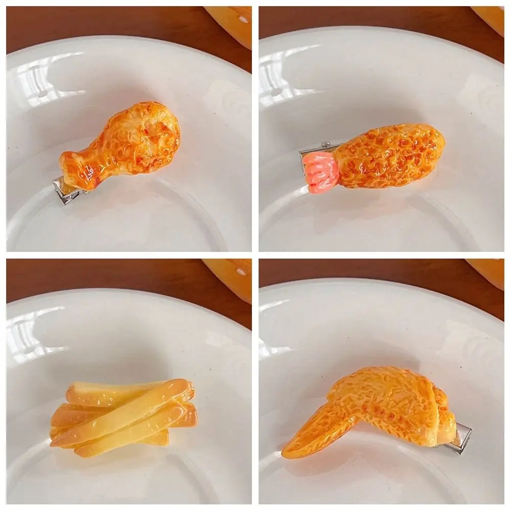 Pinza para el pelo de comida simulada de pollo frito dulce, Clip geométrico de pico de pato, horquilla de comida falsa, tocado, patatas fritas para niñas