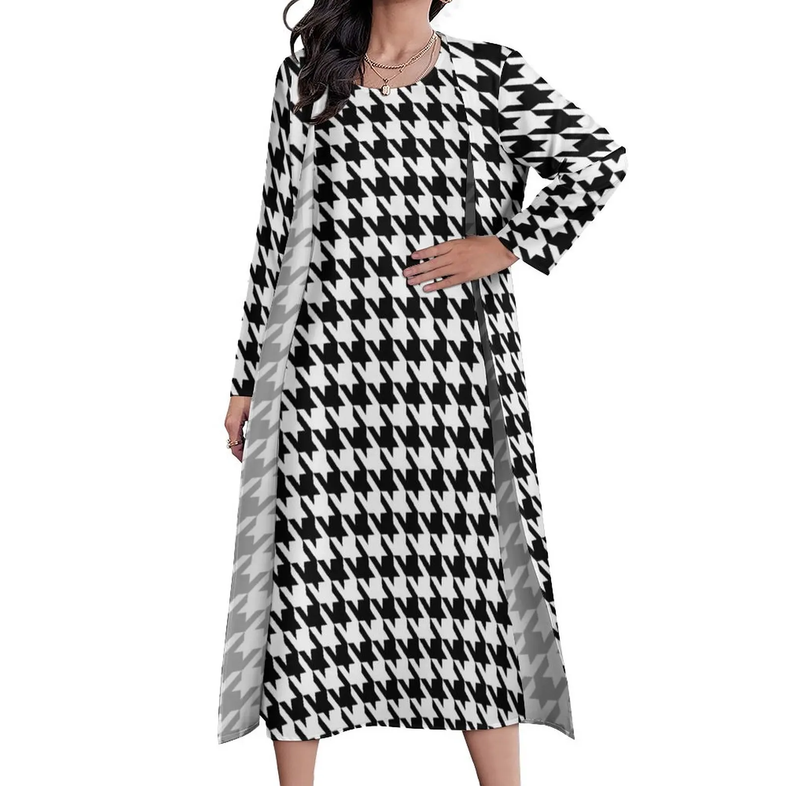 

Black And White Plaid Dress Two Piece Houndstooth Aesthetic Casual Long Dresses Women Party Maxi Dress Gift