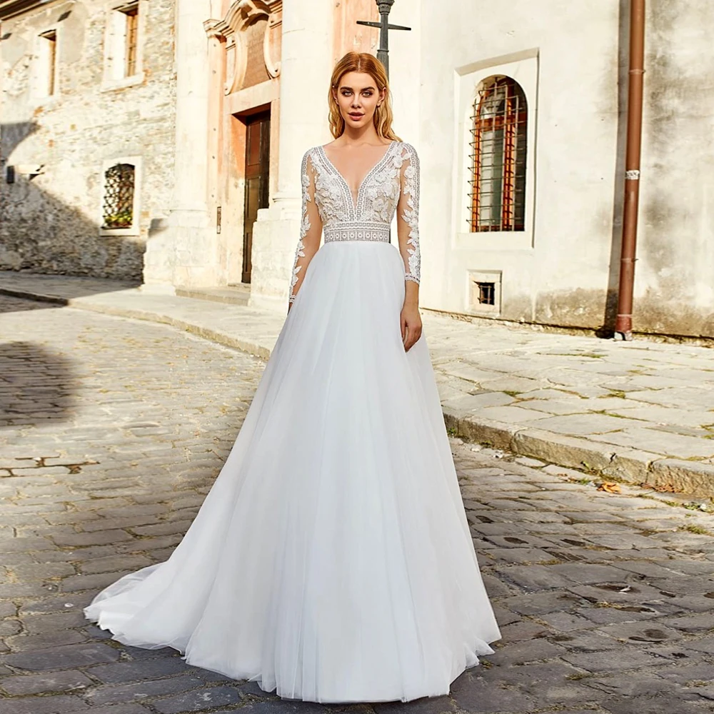 

Soft Tulle Wedding Dresses for Women Simple V Neck Bridal Gowns with Lace Full Sleeve Vestidos De Novia 2025 New Summer