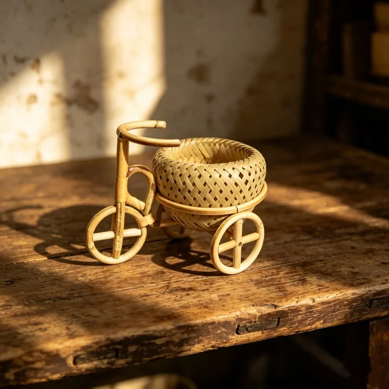 Newborn Photography Props Handmade Bamboo Rattan Bicycle Ornament Small Bamboo Basket Take Photo Props Living Room Decoration