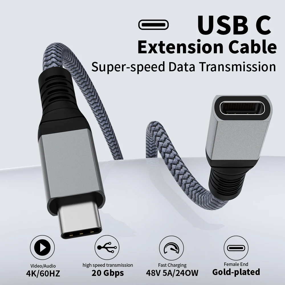 240W USB C Extension Cable Audio/Video 4K@60HZ Type-C Male To Female Extender Cable For Macbook Pro Air 20Gbps USB Data Cable 3M