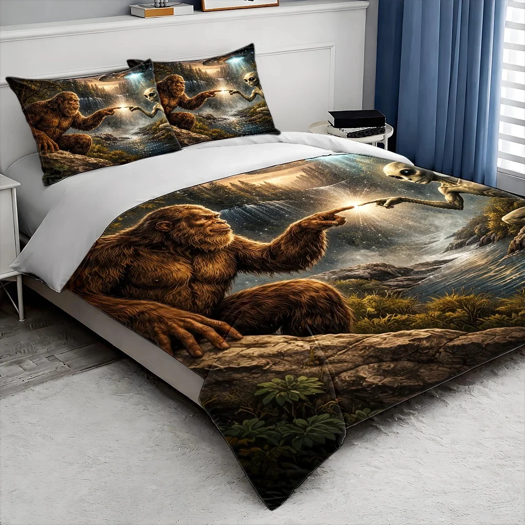 Mysterious Bigfoot Alien Interactive Duvet Cover Set Multi Size Quilt Cover Queen Size Bedroom Bedding Decoration Machine Washable Adult Boy Girl Bedroom