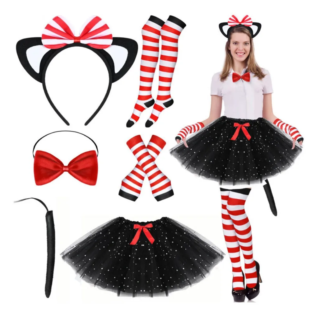 

7pcs Kid Adult Cats Costume Halloween Animal Dress up Outfit Halloween Animal Costume for Women Girl Christmas Cosplay