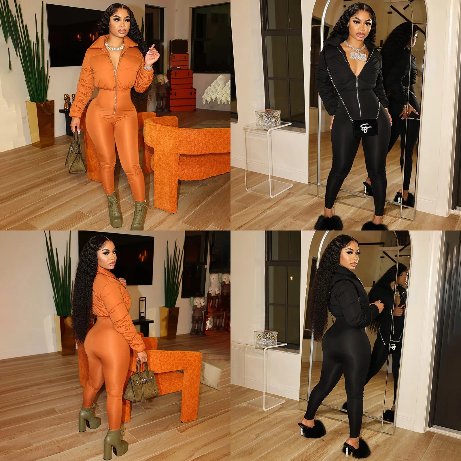 Damen Winter-Baumwoll-Jumpsuit mit Reißverschluss, Stehkragen, einfarbig, lange Hose, Overall, Frühling, Sommer, lässiger Playsuit