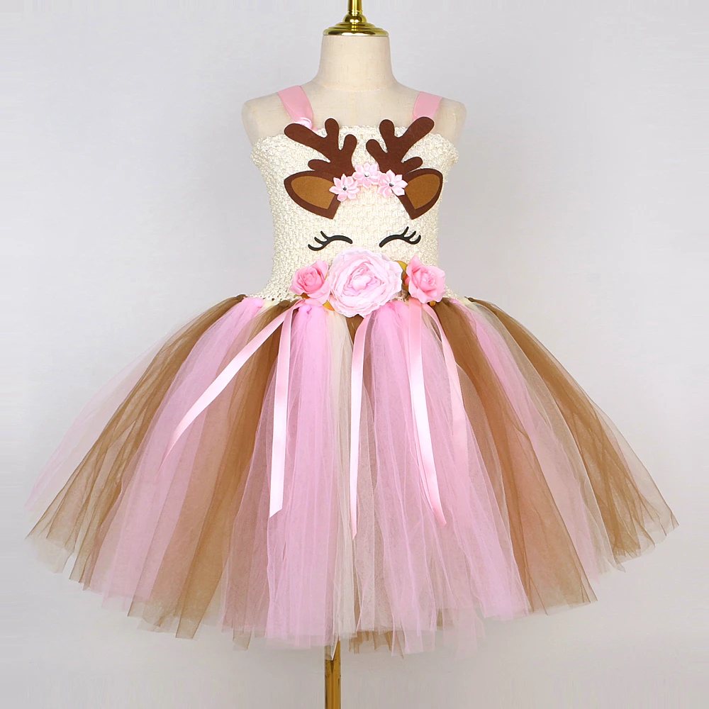 Pink Flowers Deer Costumes for Baby Girls Christmas Tutu Dress Kids Animal Reindeer Outfits Children Xmas Gift New Years Clothes