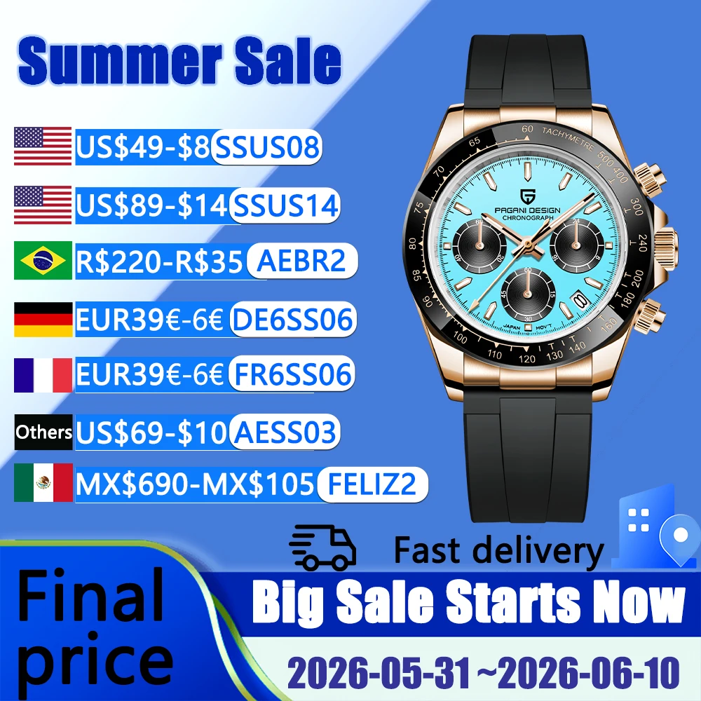 

2026 Pagani design top luxury Rose Gold blue Men's Quartz watch VK63 sports Chronograph Waterproof Sapphire watch men's relógios