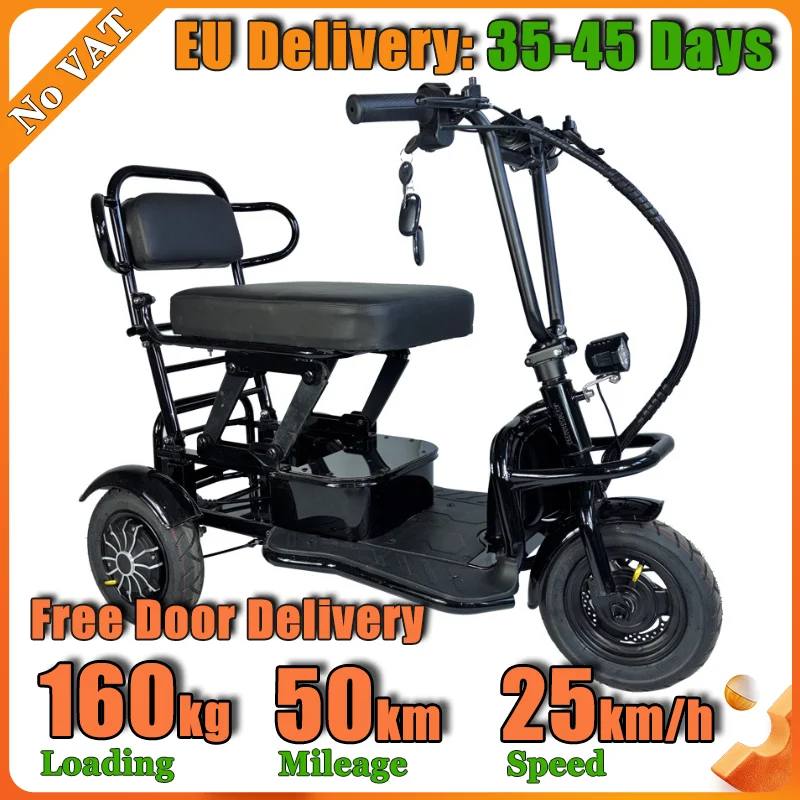Foldable 3-Wheel Electric Mobility Scooter 500W Brushless Motor 48V20Ah Detachable Battery 50KM Range For Seniors Daily Travel