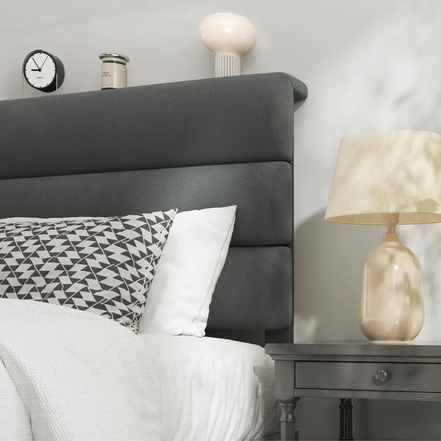 โครงเตียงควีนไซส์พร้อมหัวเตียงหุ้มกำมะหยี่ ออกแบบมาสำหรับห้องนอนสมัยใหม่ ไม่ต้องใช้สปริง โครงโลหะแข็งแรง