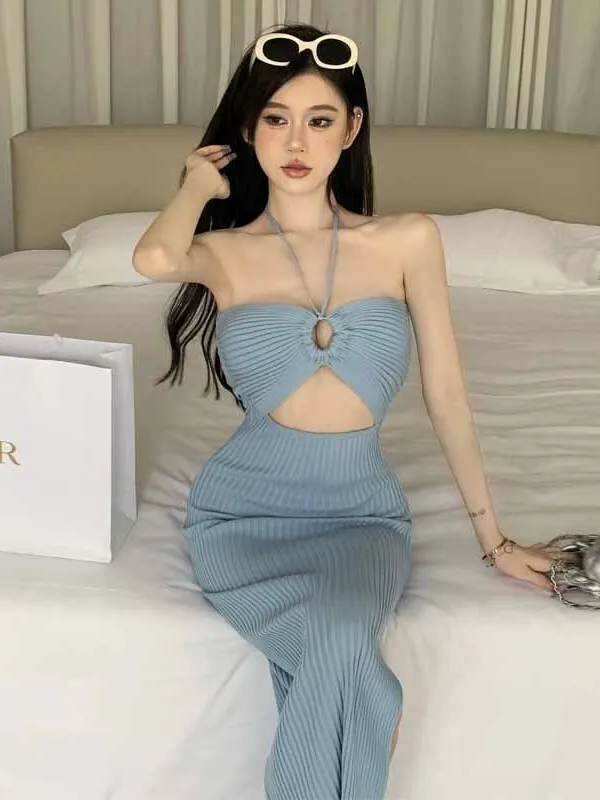 2024 Summer Sexy Hanging Neck Hollow Out Backless Knitted Dress Women Cinching Waist Wrap Hip Solid Slim Slit Long Dress 4S06