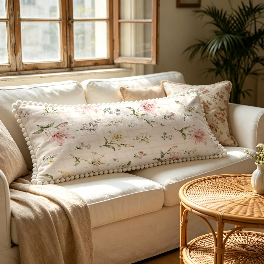 1PC Pink White Checkered Background with Pink Lilies and Small Wildflowers, Watercolor Country Floral Long Pillow Cover with P