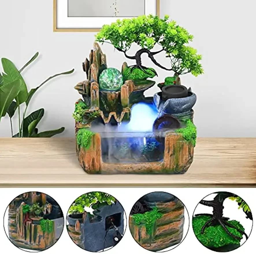 Rockery Fountain Small Rockery Water Fountain Indoor with LED Lamp Atomization Effect, Suitable for Living Room Bedroom