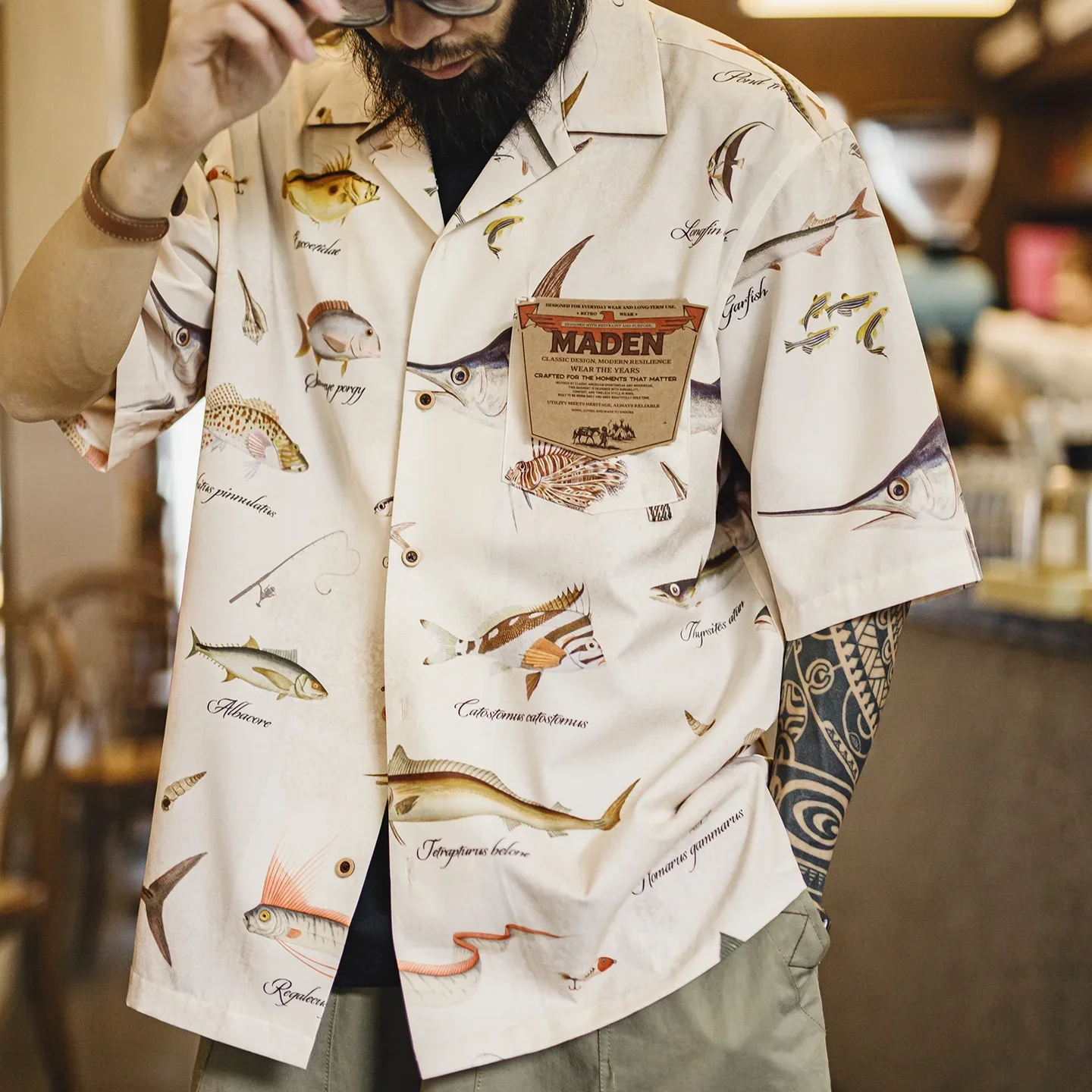 Maden Men Cuban Collar Hawaiian Printed Shirt American Retro Workwear Short Sleeve Top Hong Kong Style Casual Summer Daily Wear