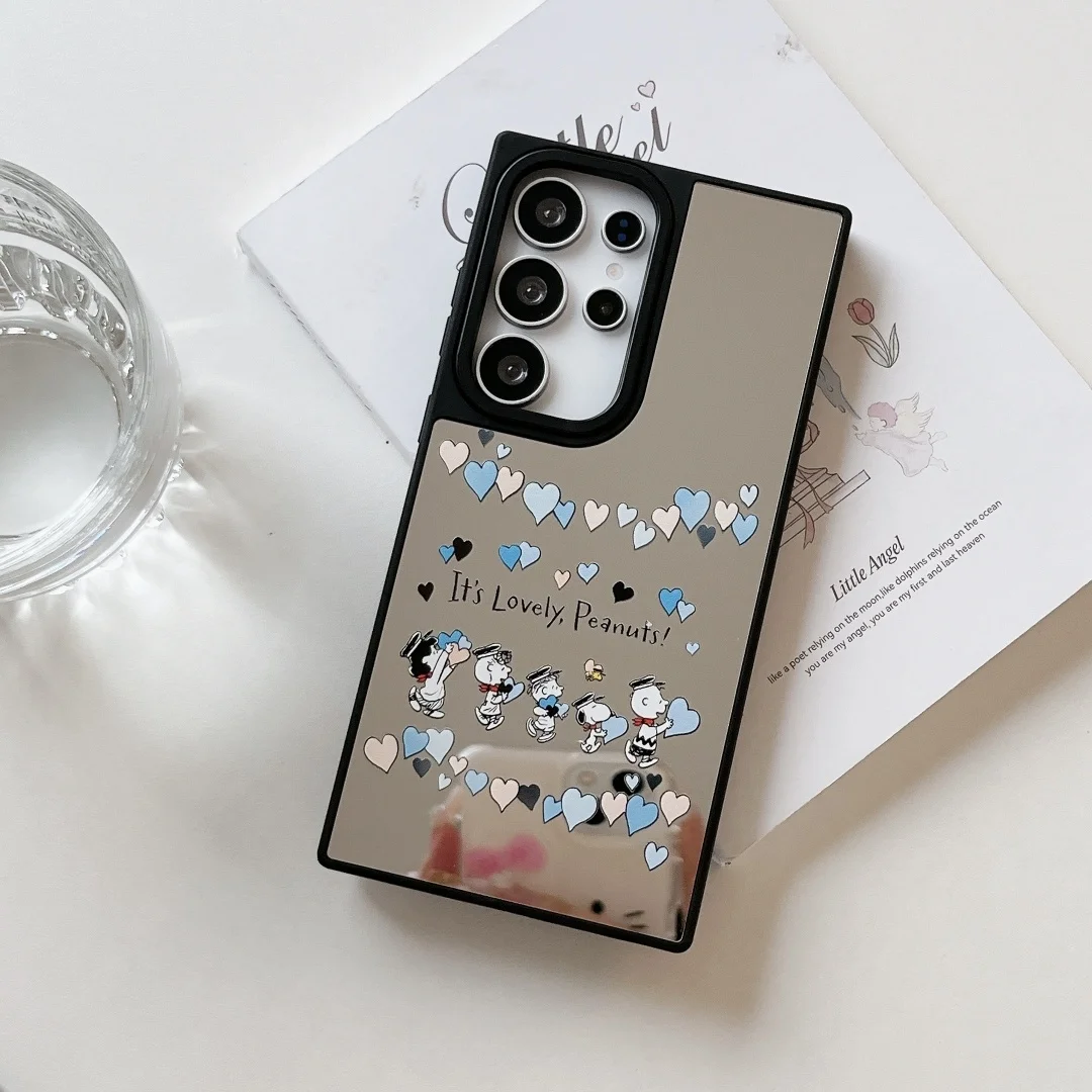 Luxo dos desenhos animados anime snoopy espelho caso de telefone para samsung galaxy s22 ultra s24 s25 s23 plus à prova de choque pára-choques capa traseira