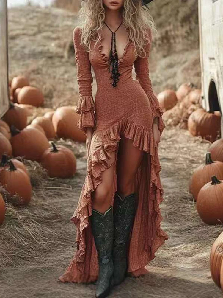 Ethnic Retro Solid Ruffle Irregular Dress Women Spring V Neck Slim Party Long Dress Autumn Butterfly Long Sleeve Boho Maxi Dress