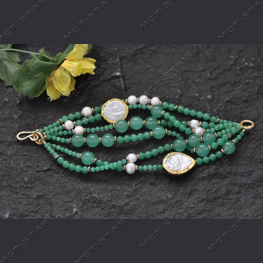 

MCT·STAR 8 дюймов, 22 мм, зеленый круглый нефритовый браслет из яшмы, белый круглый жемчуг с монетами (Z14363)