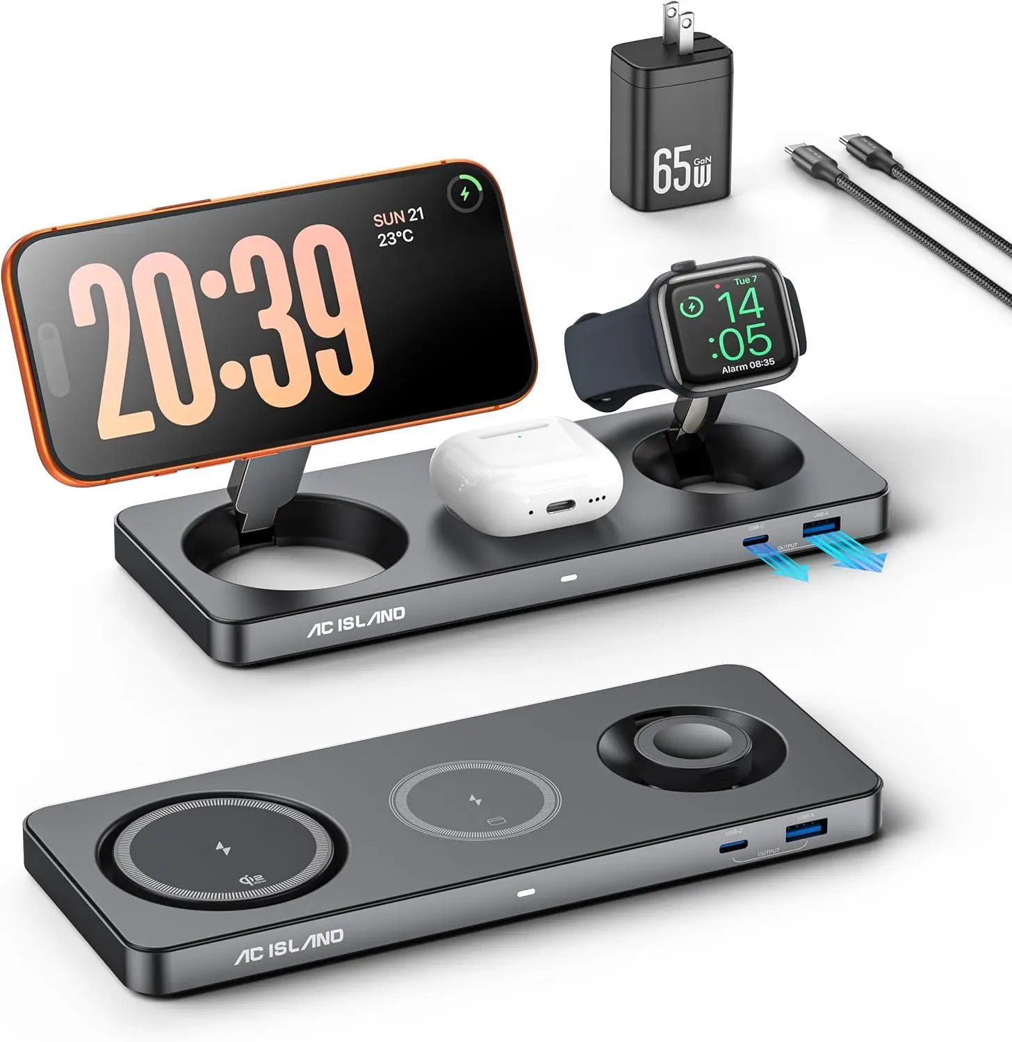 

5-in-1 Magnetic Wireless Charging Station for iPhone 17-12, Apple Watch & AirPods with 65W GaN Adapter