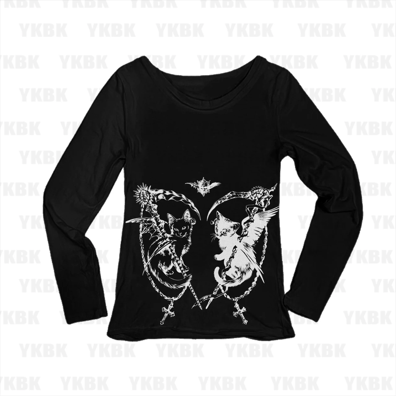 Gothic Alt Women Dual Winged Cat Scythe Chain Cross Print Long Sleeve Tee Scoop Neck Slim Y2K Dark Aesthetic Fitted Top