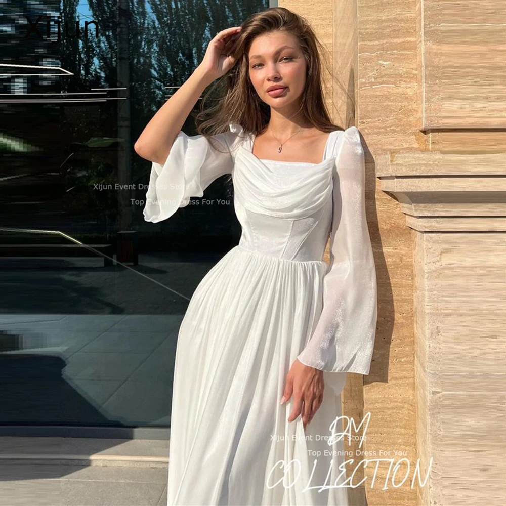 Xijun White Short Prom Dresses Ankle Length Square Collar Evening Dresses A-Line Formal Prom Gowns Full Sleeves 2023 Party Gowns