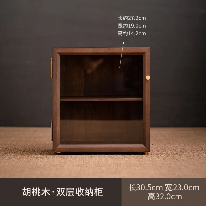 Retro walnut tea set storage display locker tea cup tea sundries cultural play ornament desktop double-layer cabinet